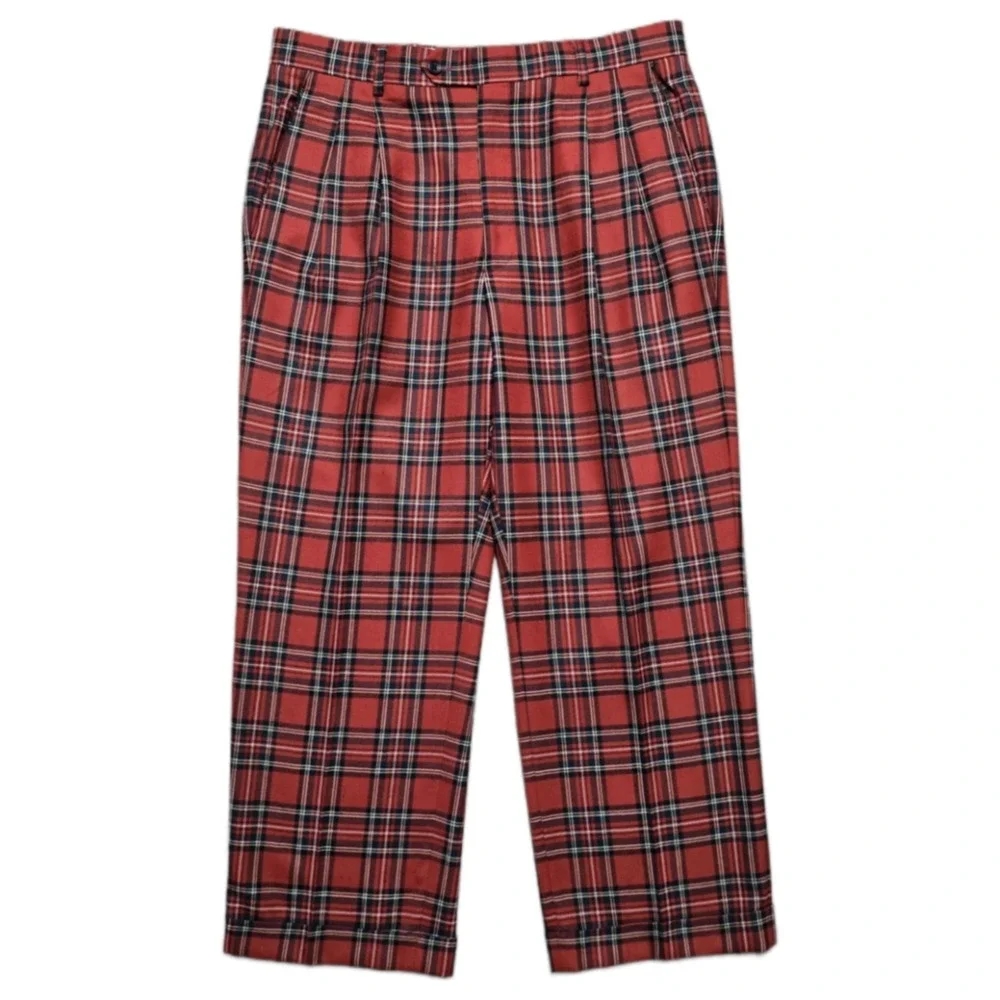 Paul Fredrick Vintage Red Tartan Plaid Wool Pants 35x32 Pleated Cuffed 80s